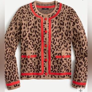 J.Crew - Tipped sweater-jacket in leopard with orangey red trim, Size M